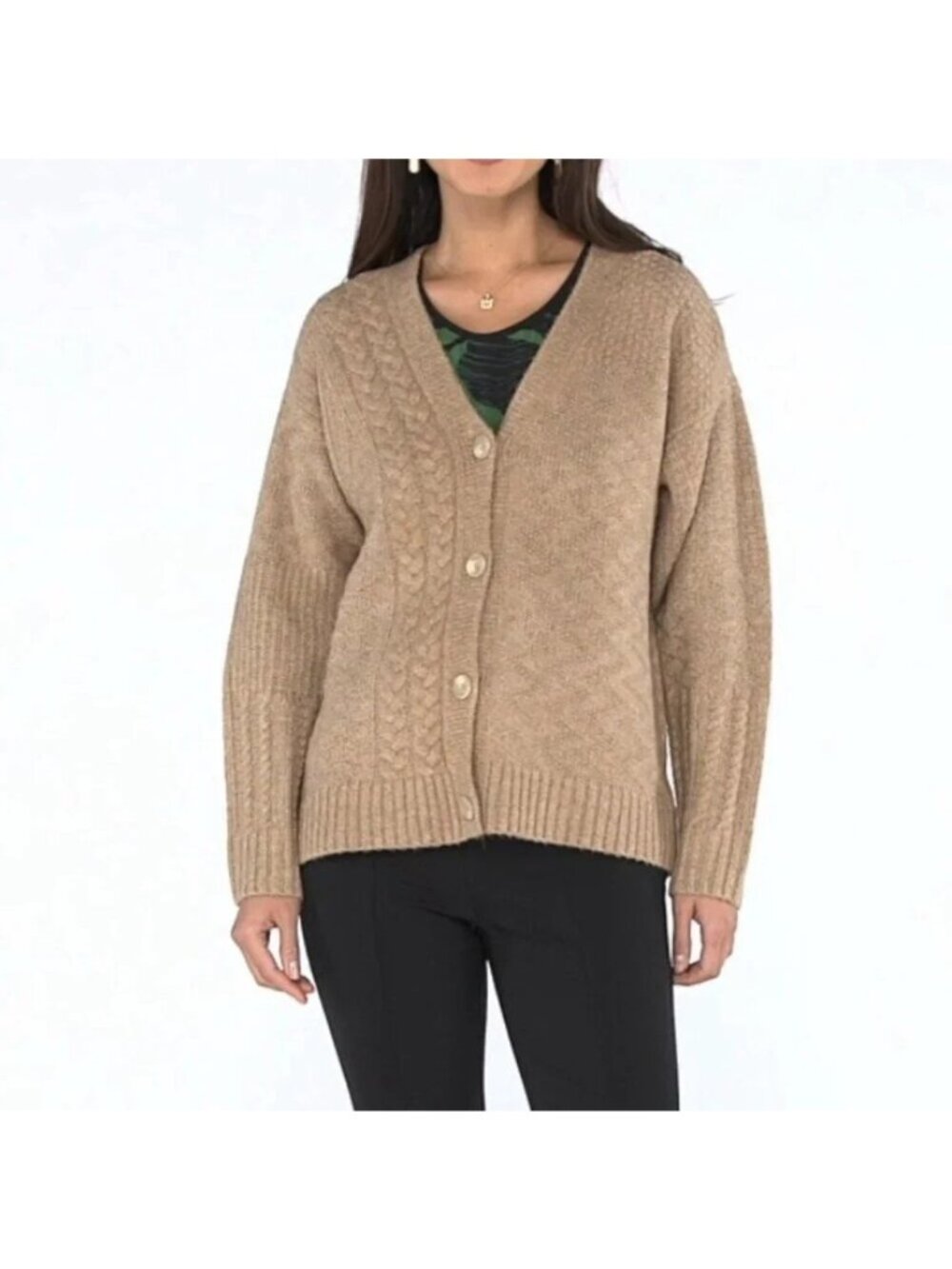 Cabi Neighborhood Cardigan Sweater Cable Knit Oversized Camel Tan Size Medium